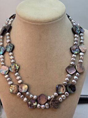 Mother-Of-Pearl & Freshwater Pearl Necklace With Iridescent Abalone Accents